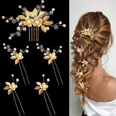 BOYIVI front arrangement showing comb and all four gold leaf pins, elegant sparkle