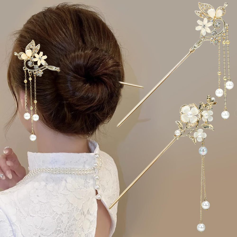 BQSAZHYJ front view of two hair sticks showing floral pendants and pearls for elegant styling