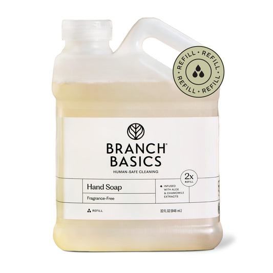 Branch Basics pouch front view showing label and 32oz size for easy refill