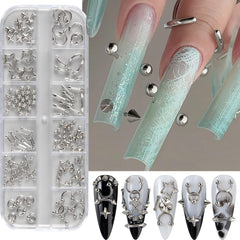 Bravizvy 12-compartment box top view displaying organized metal nail charms