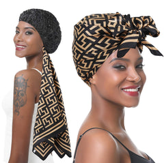 brcok wrap front view showing full 2-in-1 cap and scarf protecting hair