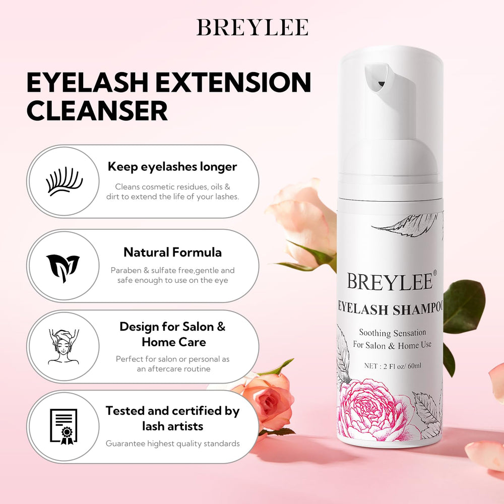 BREYLEE bottle close-up showing shampoo texture and gentle foam benefit