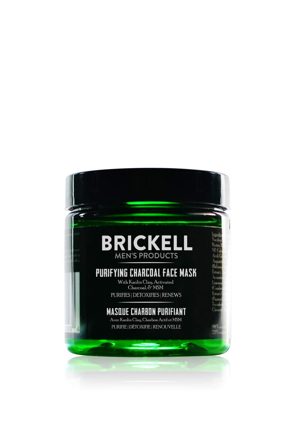Brickell front jar view showing purifying charcoal mask and clear benefits
