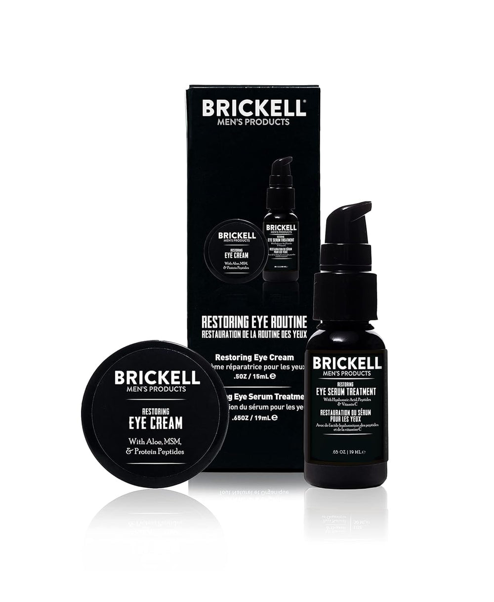 Brickell front packaging showing both unscented eye serum and cream benefits