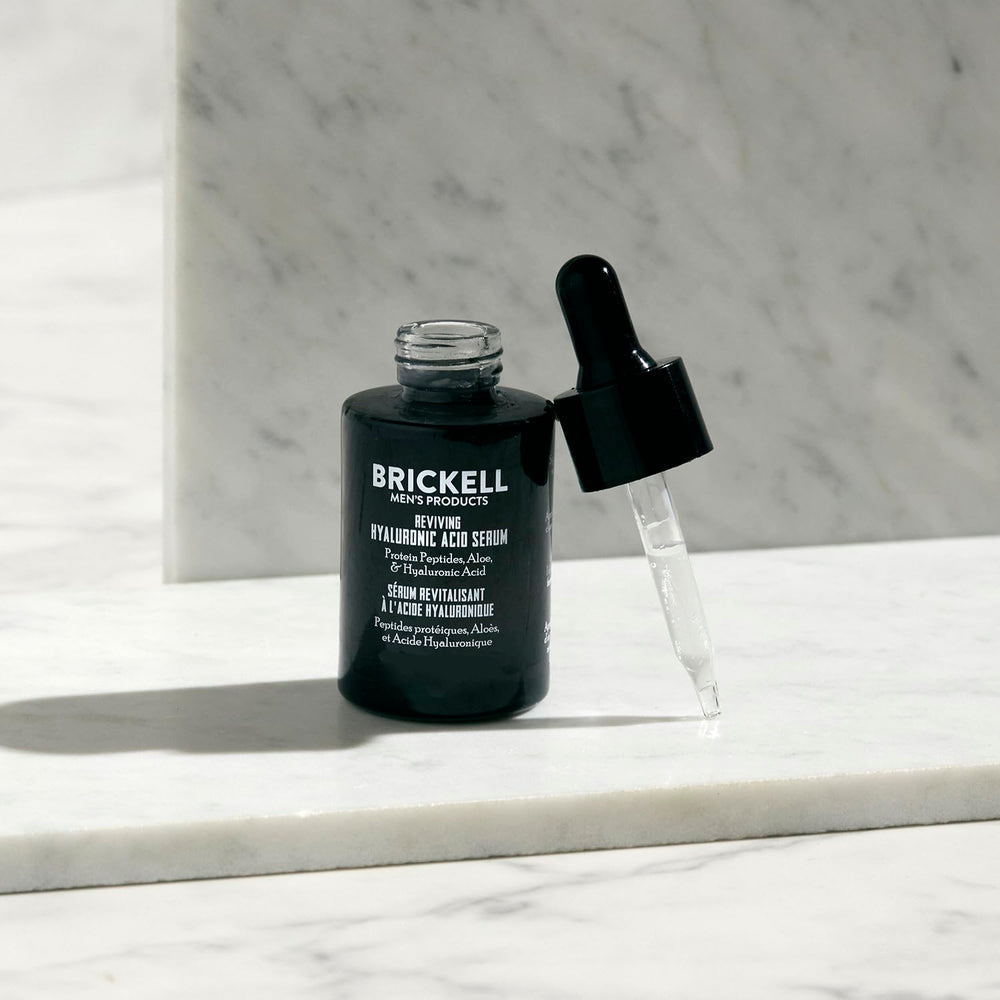 Brickell close-up of pump dispensing serum, highlighting precise application and minimal waste