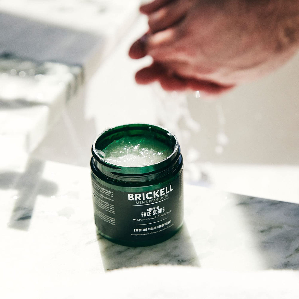 Brickell close-up of scrub texture with pumice and jojoba beads for effective exfoliation