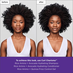 Briogeo before and after images illustrating reduced frizz and definition