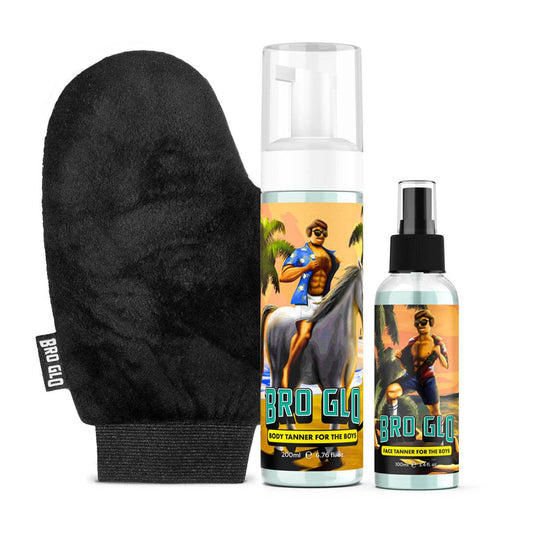 bro glo starter bundle front packaging showing product and mitt, clear benefits