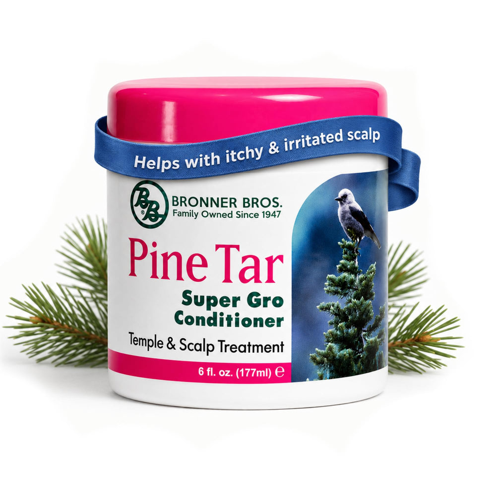 Bronner Bros front packaging showing BB Pine Tar Super Gro Conditioner benefits
