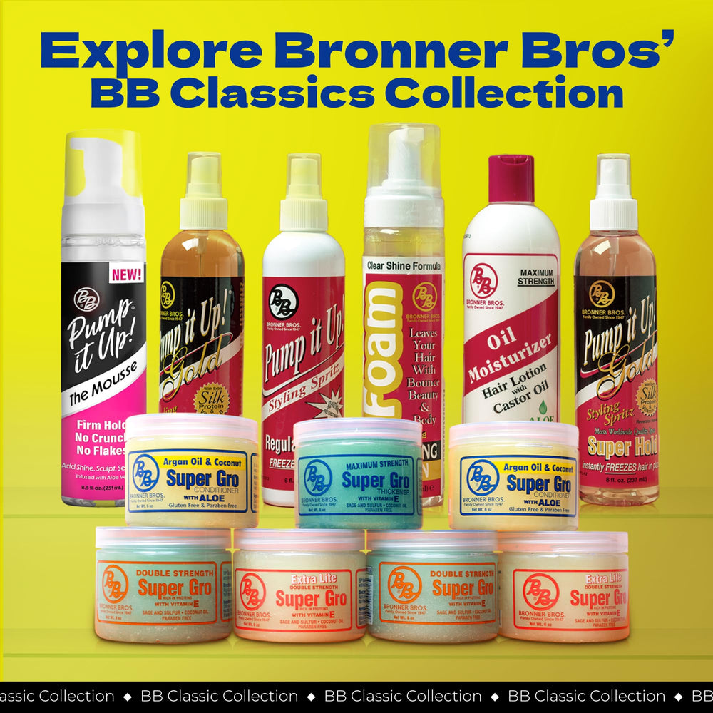 Bronner Bros bottle styled on bathroom shelf suggesting daily use