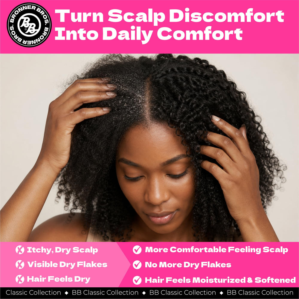 Bronner Bros massage into scalp illustrating improved comfort and reduced flakes