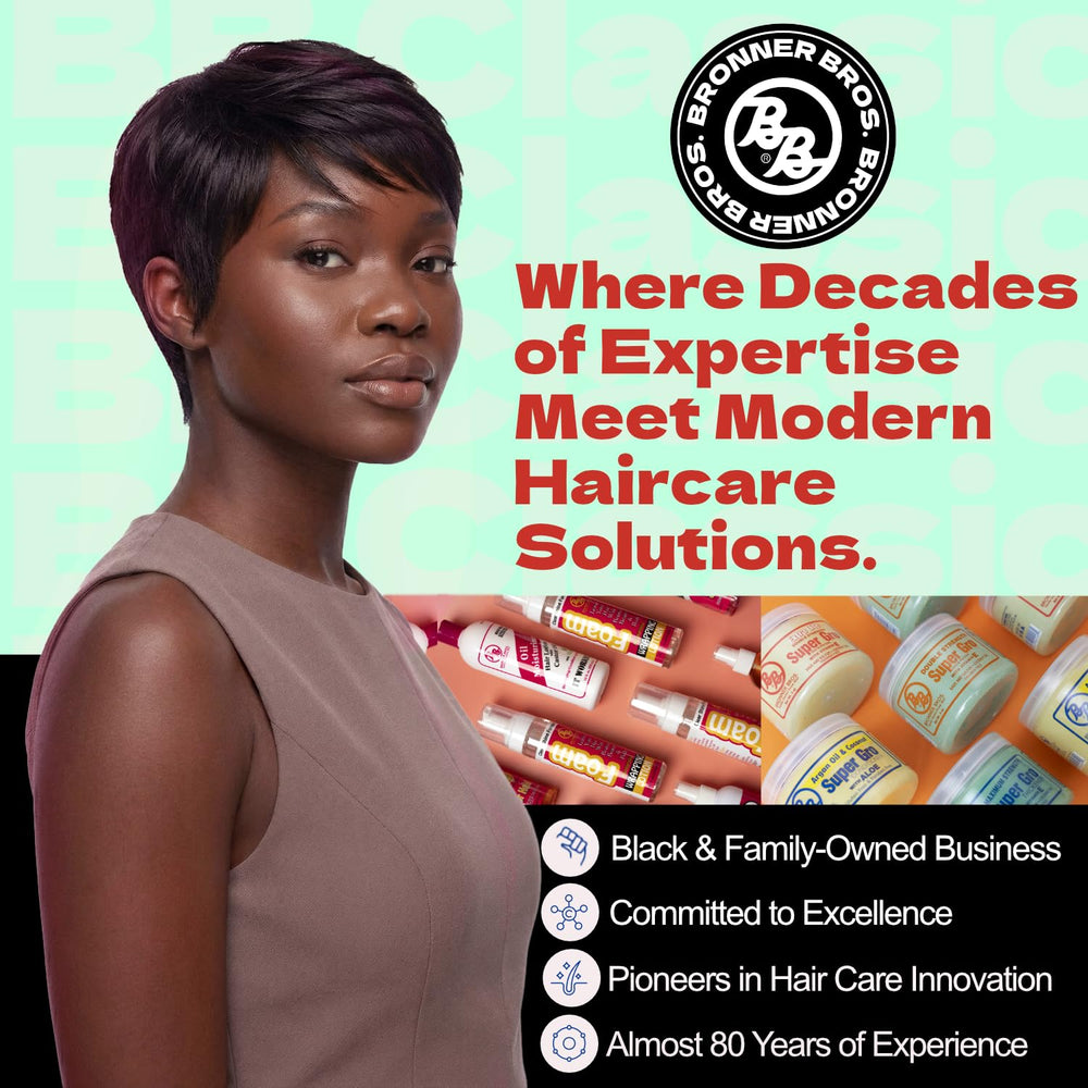 Bronner Bros label close-up listing key vitamins and paraben-free benefit