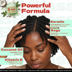 Bronner Bros ingredients display with coconut oil and keratin benefits
