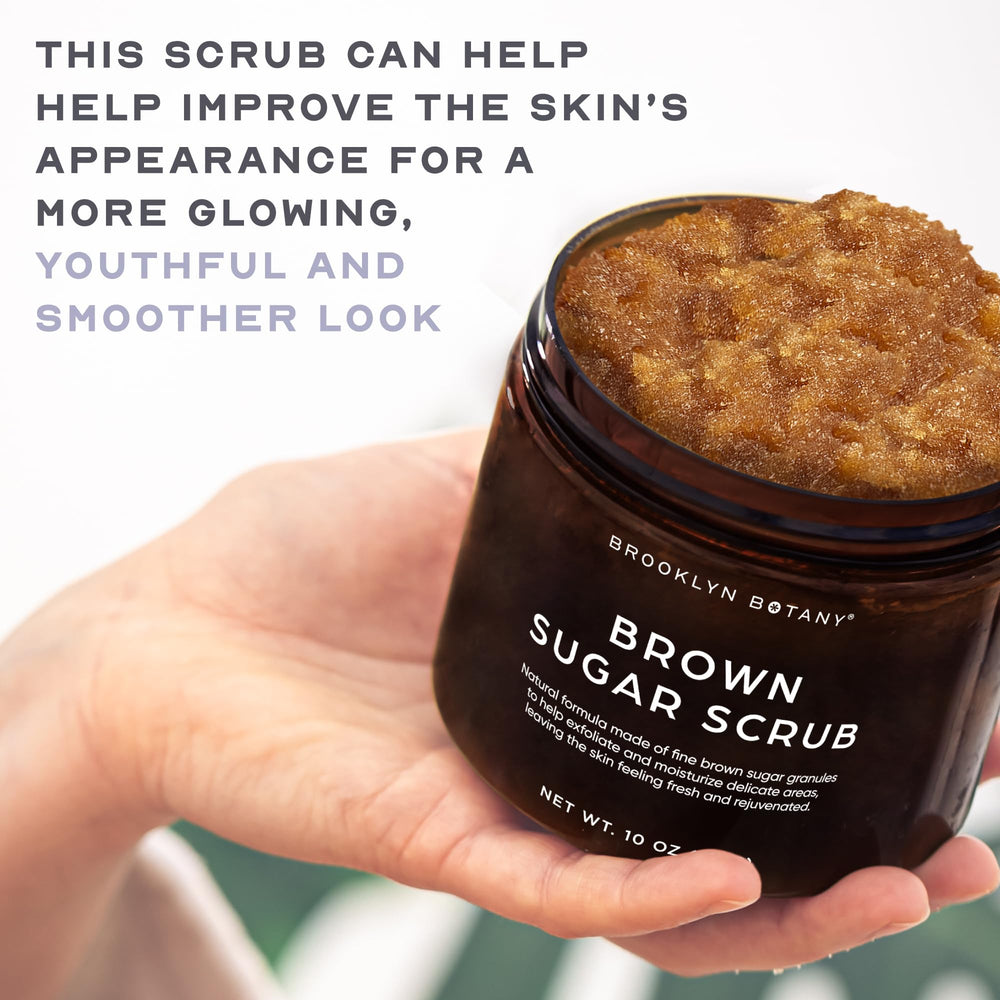 Brooklyn Botany scrub applied on hand, demonstrates gentle exfoliation and moisturized finish