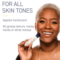 Brush On Block applied over makeup demonstrating blendable protection without cakey finish