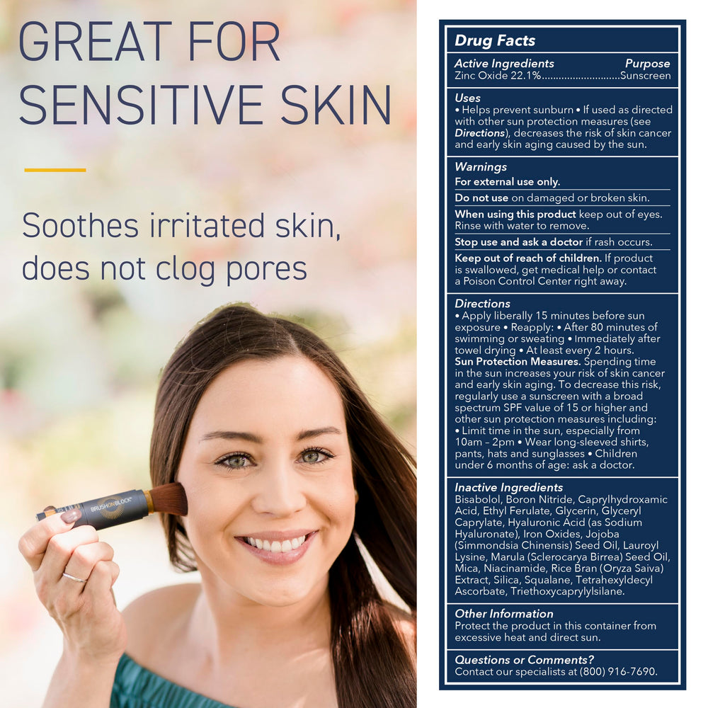 Brush On Block ingredient label showing zinc oxide, niacinamide, hyaluronic acid benefit