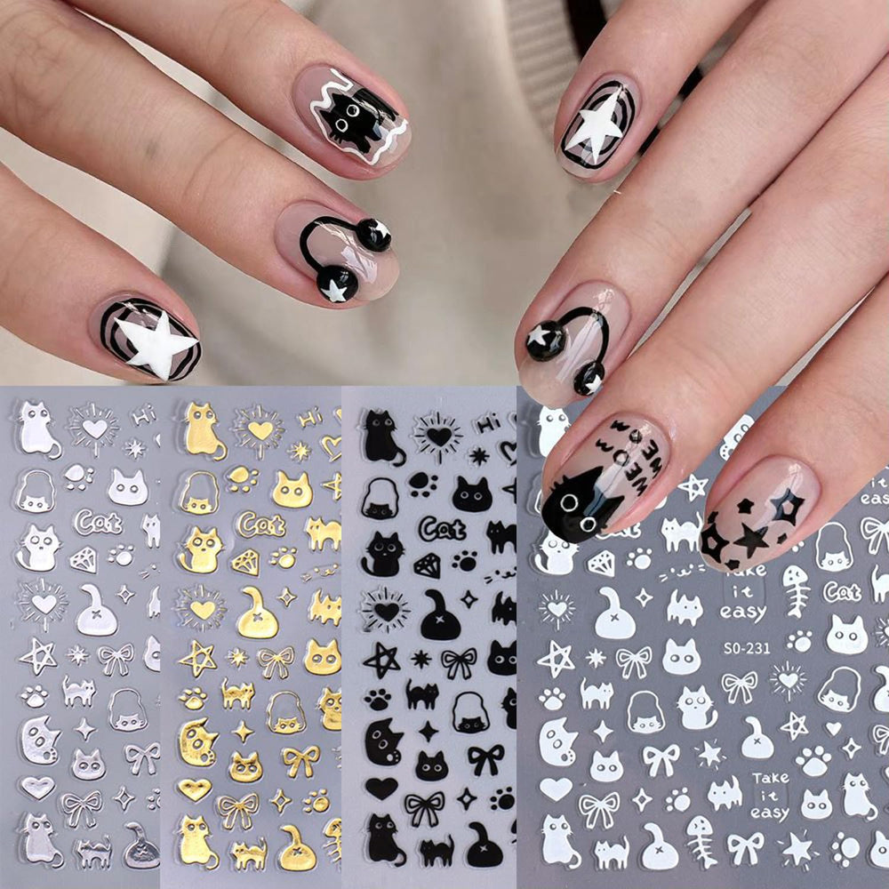 BSBTBZ styled hands wearing cat decals in a casual setting showcasing playful manicure