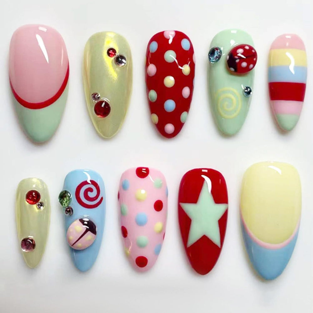 BSBTBZ front packaging showing colorful almond press-on nails and convenience