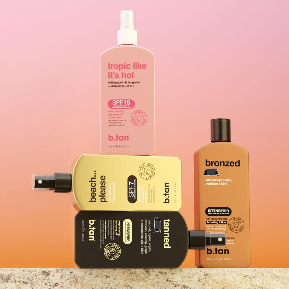 B.TAN ingredients display with argan coconut jojoba showing hydration benefit
