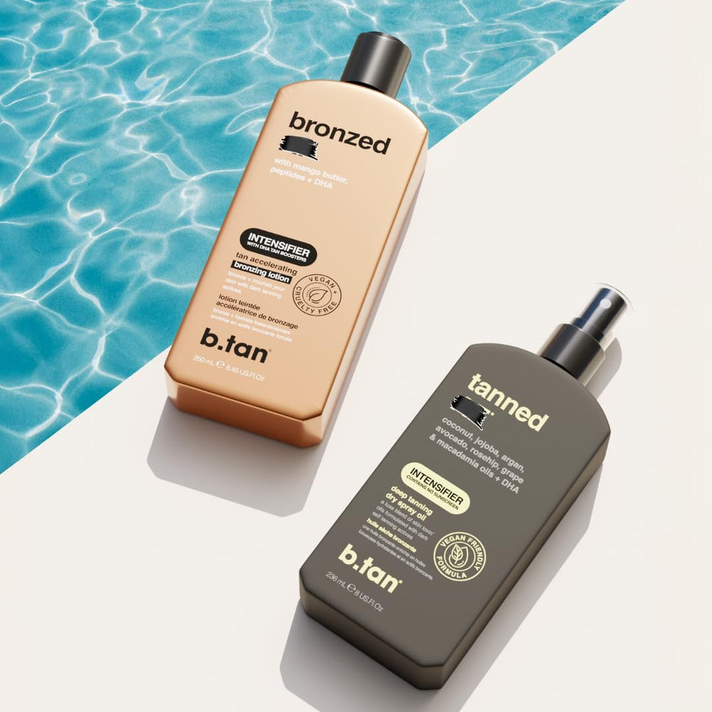 B.TAN bottle on beach towel showcasing outdoor tanning lifestyle benefit