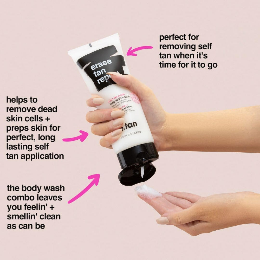 B.TAN scrub application on forearm demonstrating fast tan removal benefit