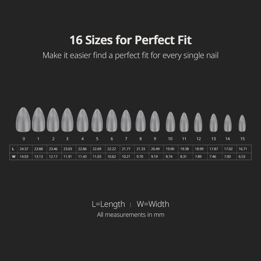 BTArtboxnails display of 16 sizes arranged for precise sizing options