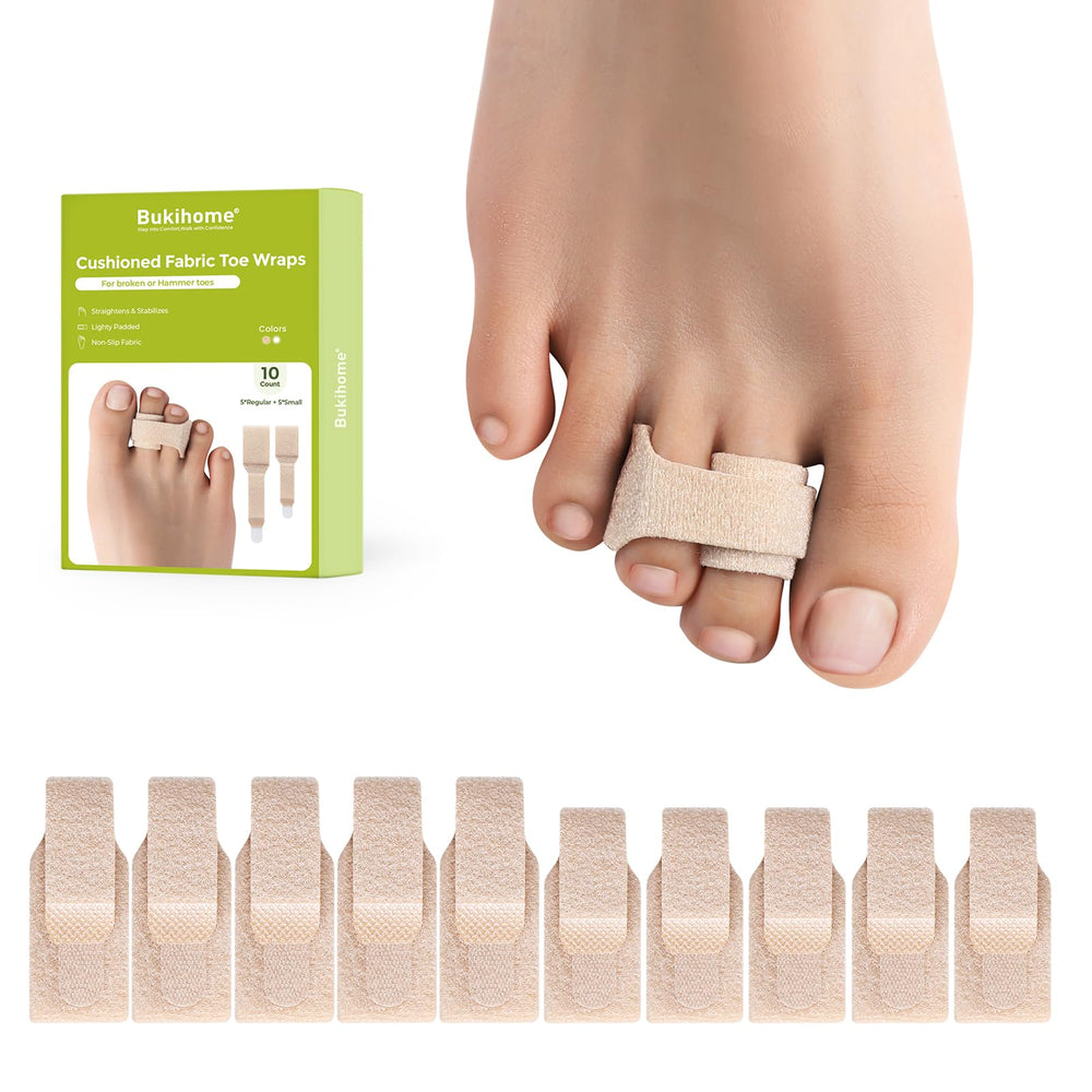 Bukihome front packaging showing ten beige toe wraps and included sizes, easy identification benefit