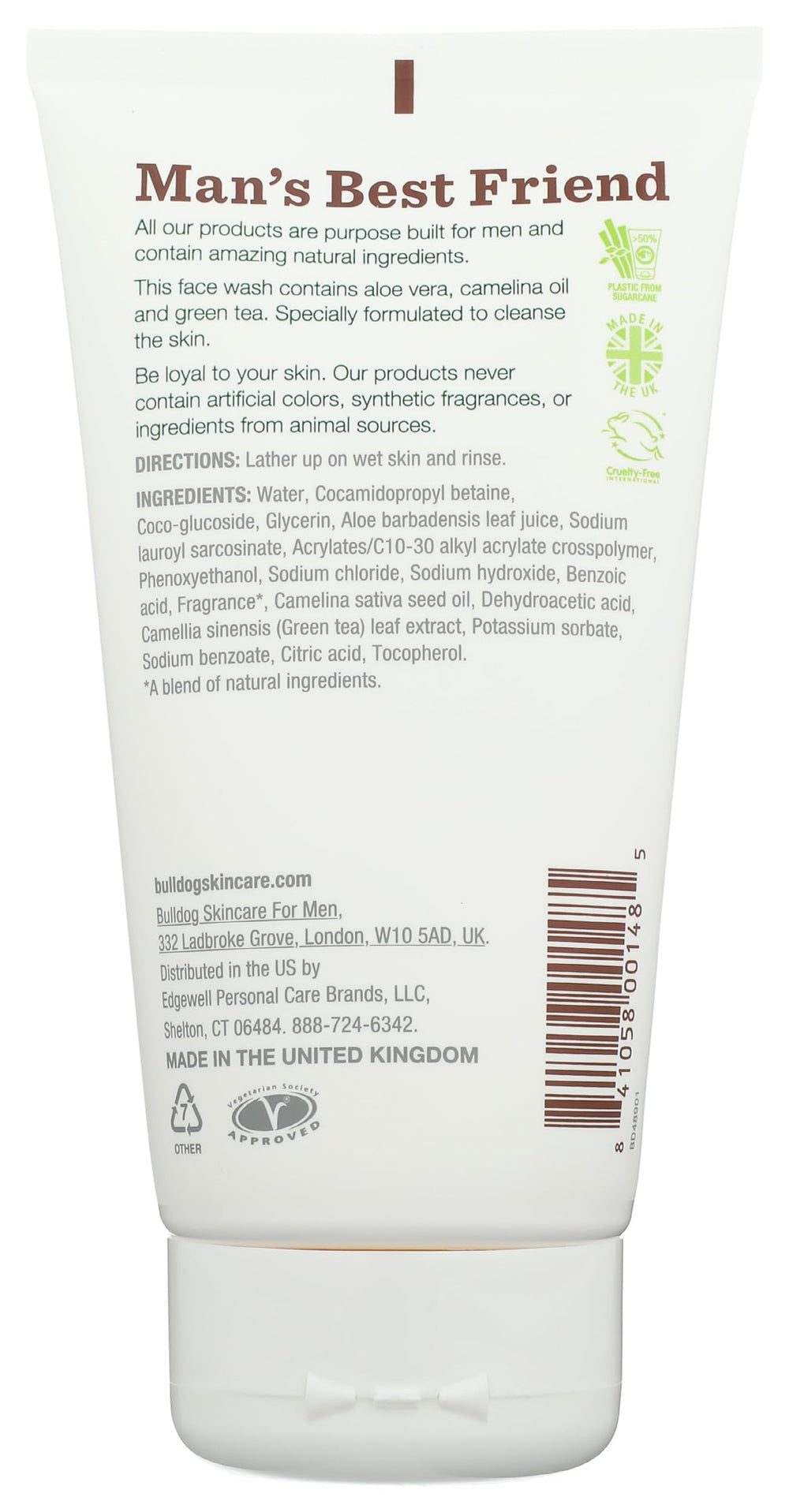 Bulldog Original face wash back label with ingredients list, transparency and ingredient trust benefit