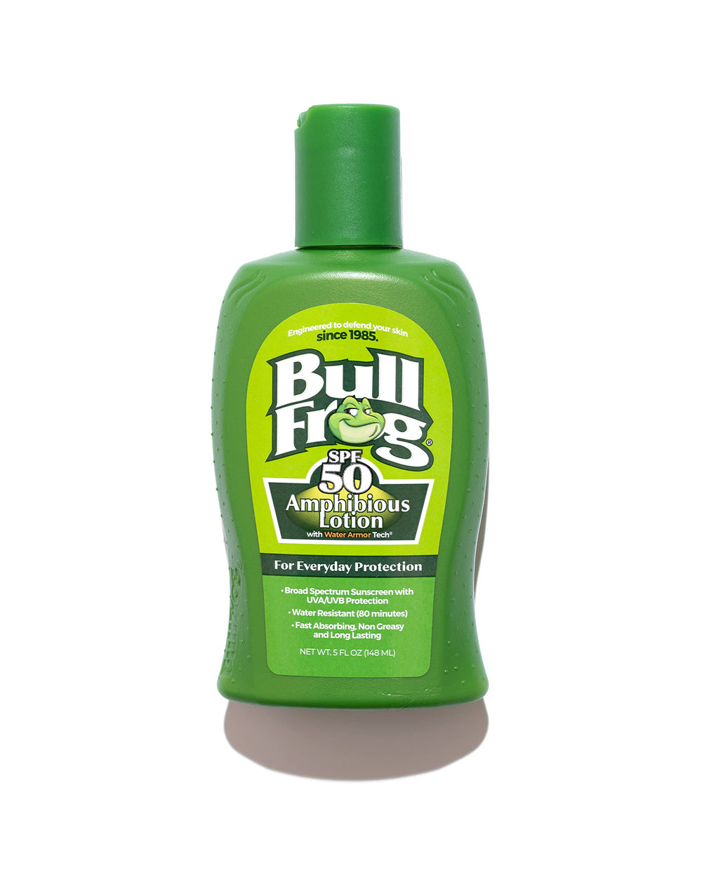 Bullfrog bottle front view showing SPF 50 protection and benefits