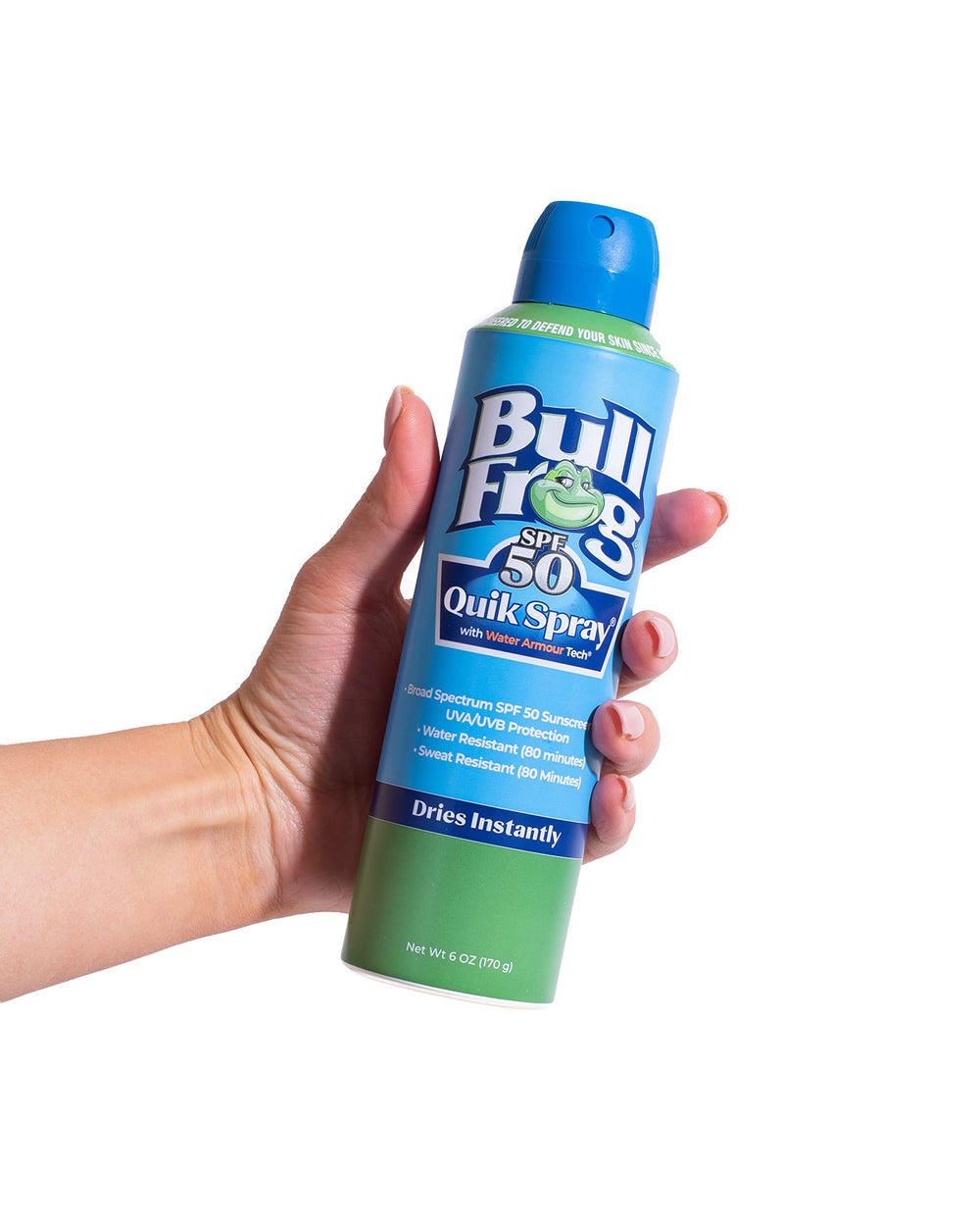 Bullfrog Quik Spray 6oz held in hand showing compact travel-friendly size