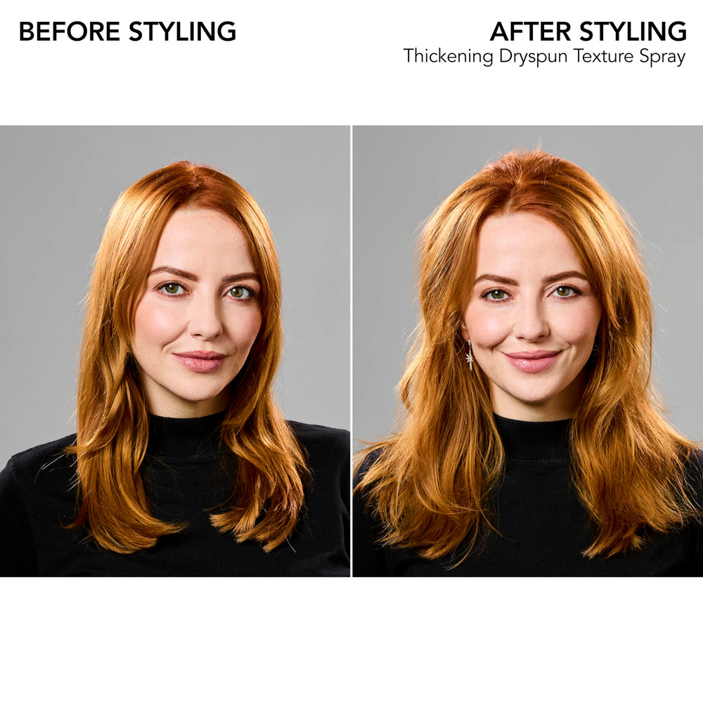 Bumble and bumble before and after on fine hair highlighting fuller, bouncier results