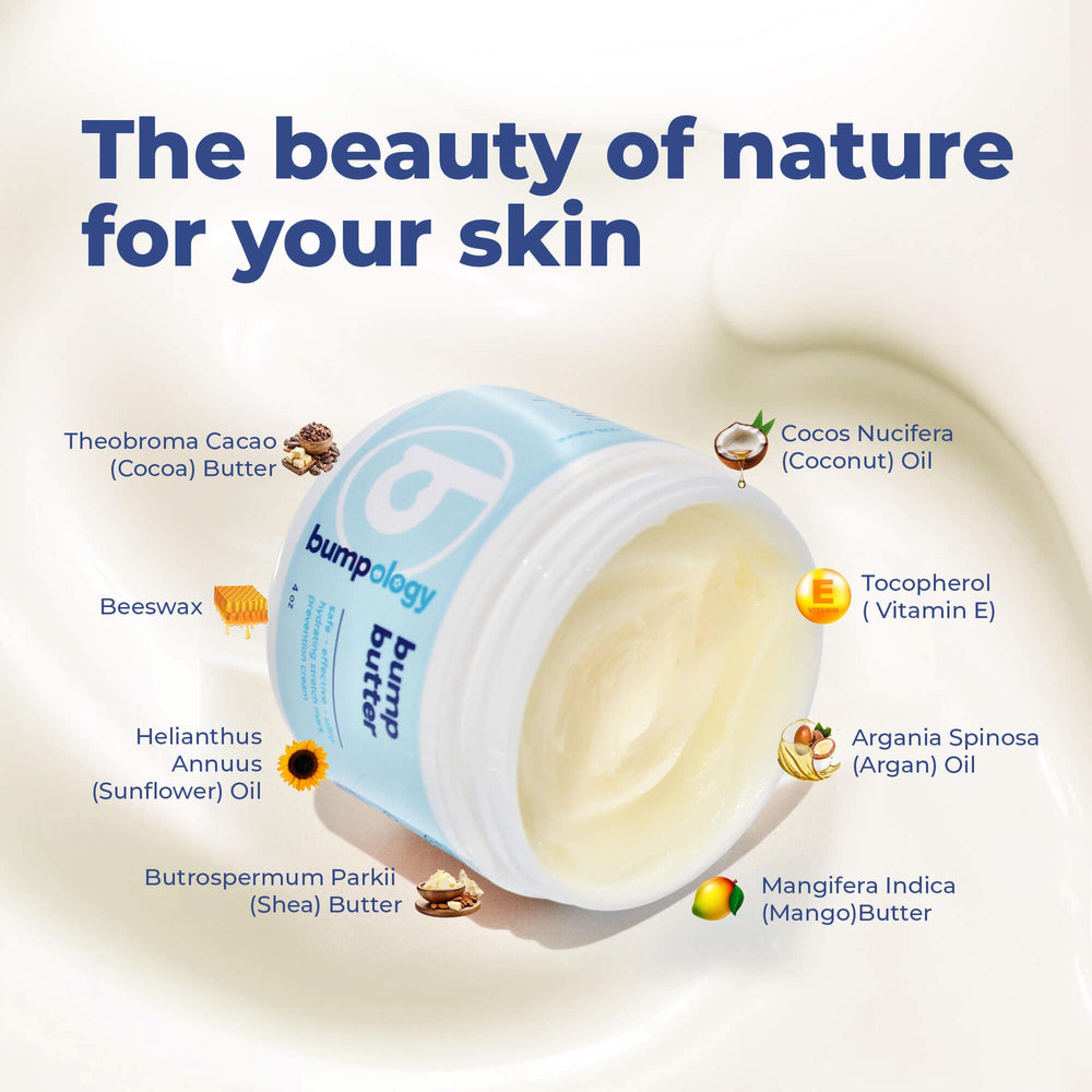 Applying Bumpology butter to pregnant belly for soothing moisture
