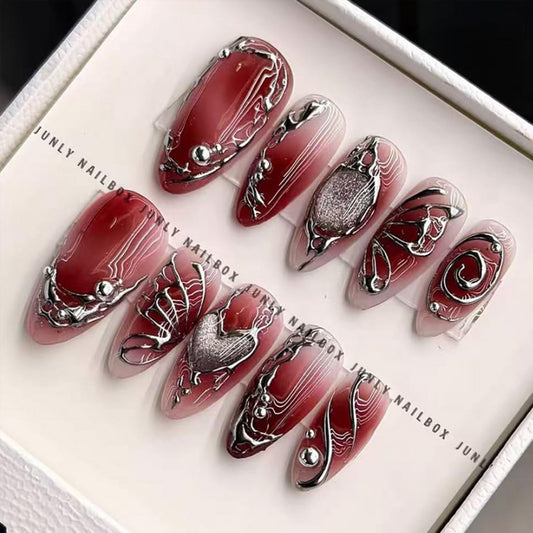 BUNLVDI front packaging showing 24-piece red Y2K nail set and accessories for quick styling