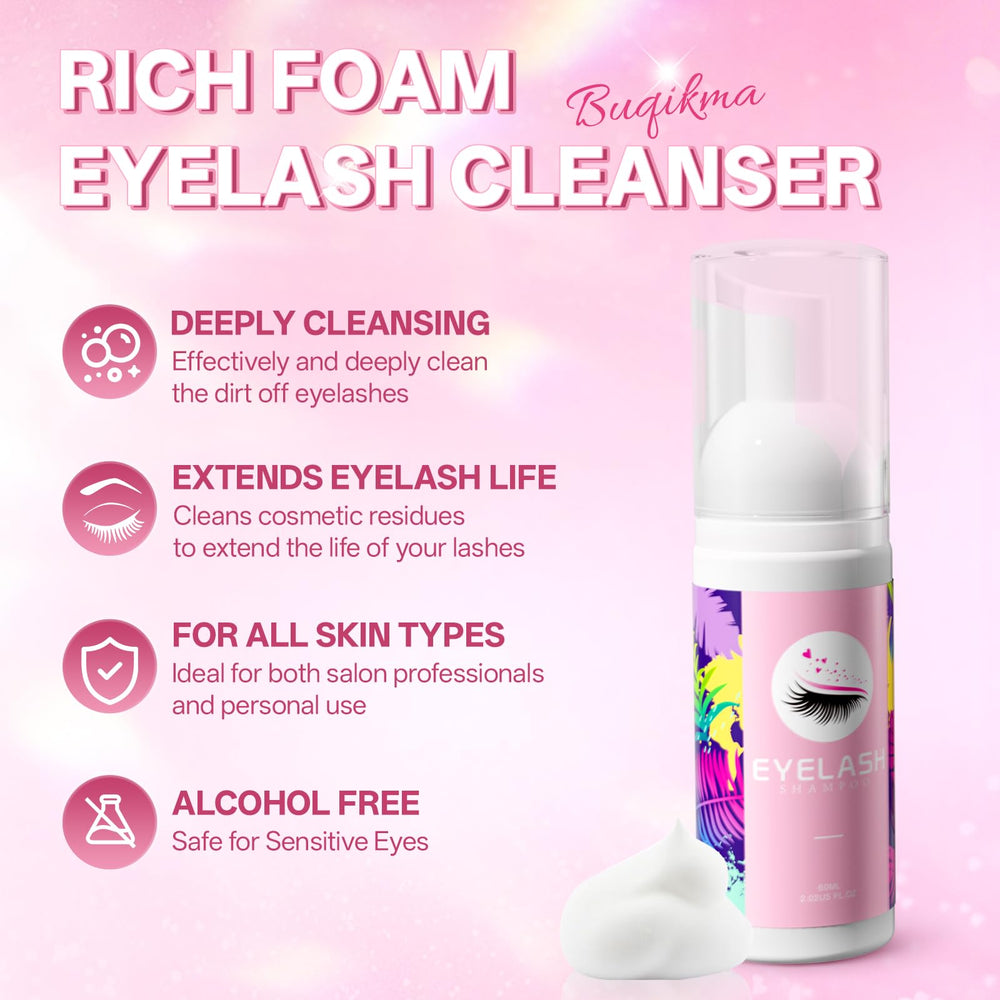 Buqikma 60ml lash shampoo bottle demonstrating gentle foaming cleanser benefits
