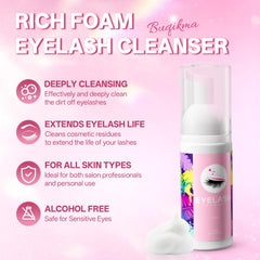 Buqikma 60ml lash shampoo bottle demonstrating gentle foaming cleanser benefits