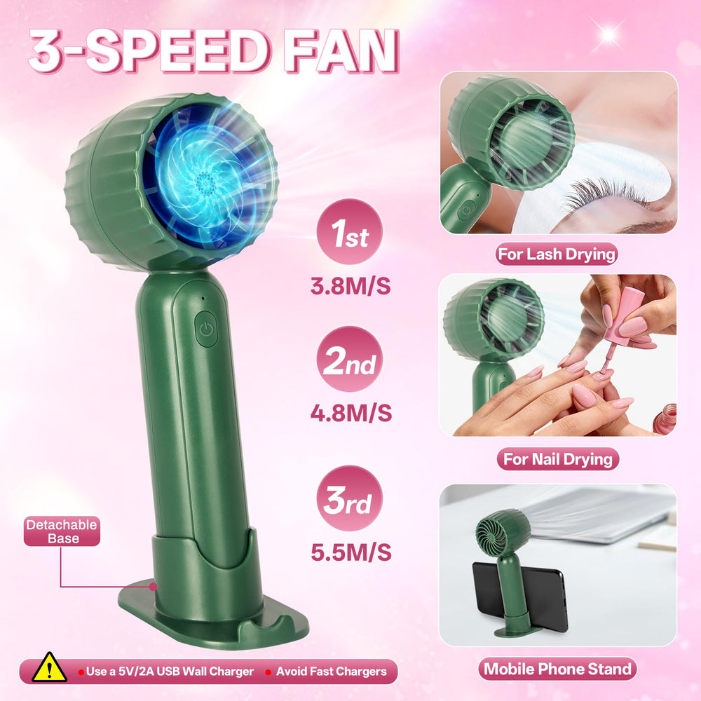 Buqikma rechargeable mini fan on its stand drying lashes quickly and safely