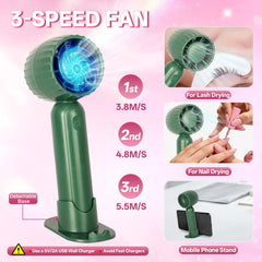 Buqikma rechargeable mini fan on its stand drying lashes quickly and safely