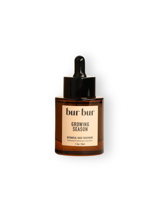 Bur Bur front packaging showing Growing Season oil for fuller shine