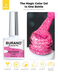 BURANO cured nail swatch on hand displaying holographic shine benefit