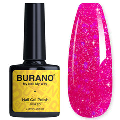 BURANO bottle front view shows hot pink holographic gel and salon-ready shine