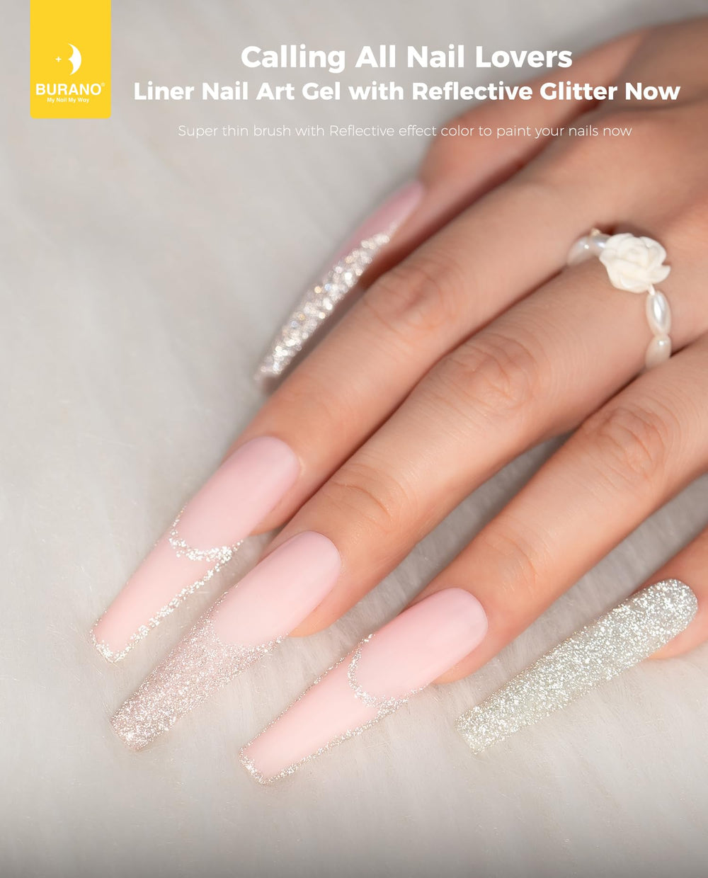 BURANO silver gel swiped on nail tip showing holographic shine and salon-grade finish
