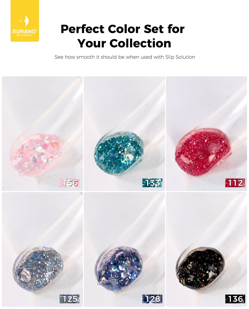 BURANO six colors open display of glitter and neutral builder gels inspires versatile designs