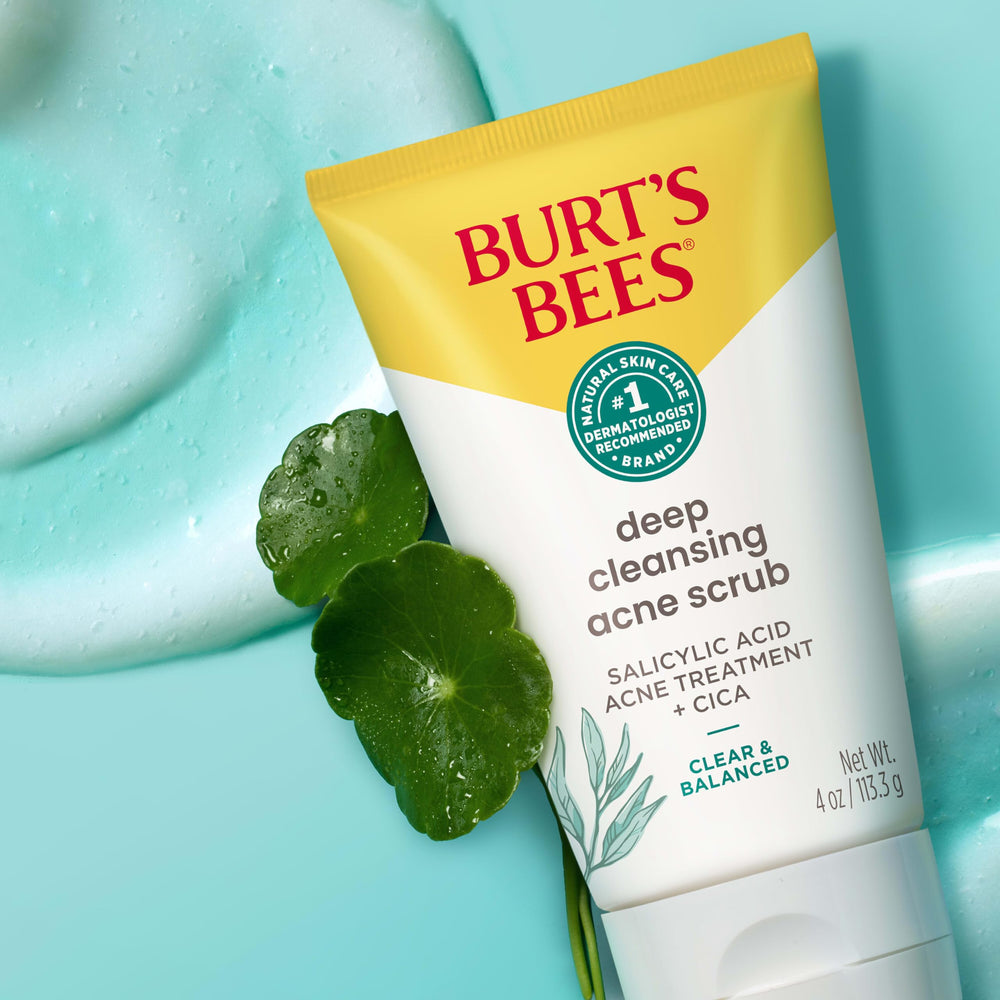 Burt's Bees on bathroom shelf styled in routine for everyday skincare benefit