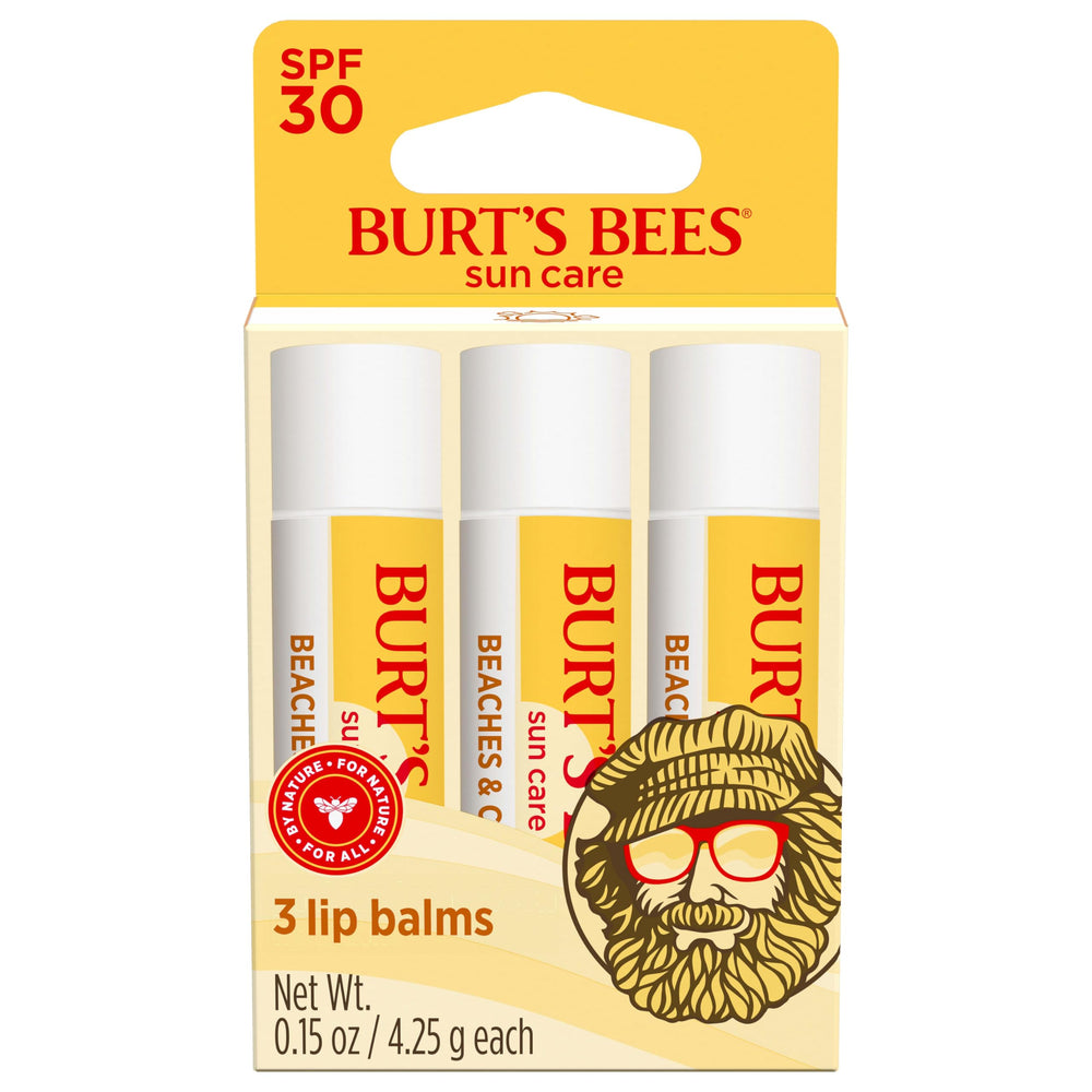 Burt's Bees front packaging showing three tubes and SPF 30 protection benefit
