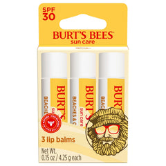 Burt's Bees front packaging showing three tubes and SPF 30 protection benefit