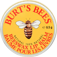 Burt's Bees tin front view showing compact yellow packaging and brand