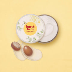 Burt's Bees tub next to baby items suggesting postpartum skin comfort benefit