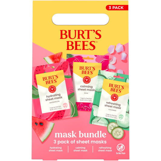 Burt's Bees bundle front packaging showing three sheet mask pouches and benefits