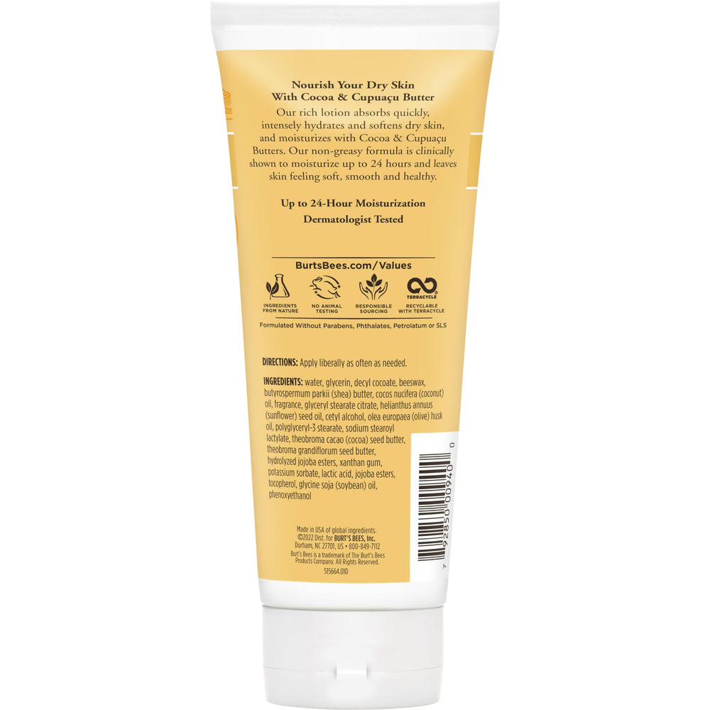Burt's Bees cocoa and cupuaçu butters close-up, highlights rich botanical nourishment