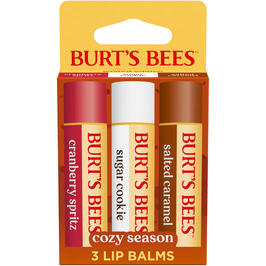 Burt's Bees front packaging showing three seasonal lip balms and gift-ready design